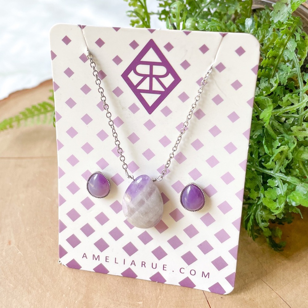 Amelia Rue - Purple Amethyst Drop Silver Teardrop Necklace & Earring Set